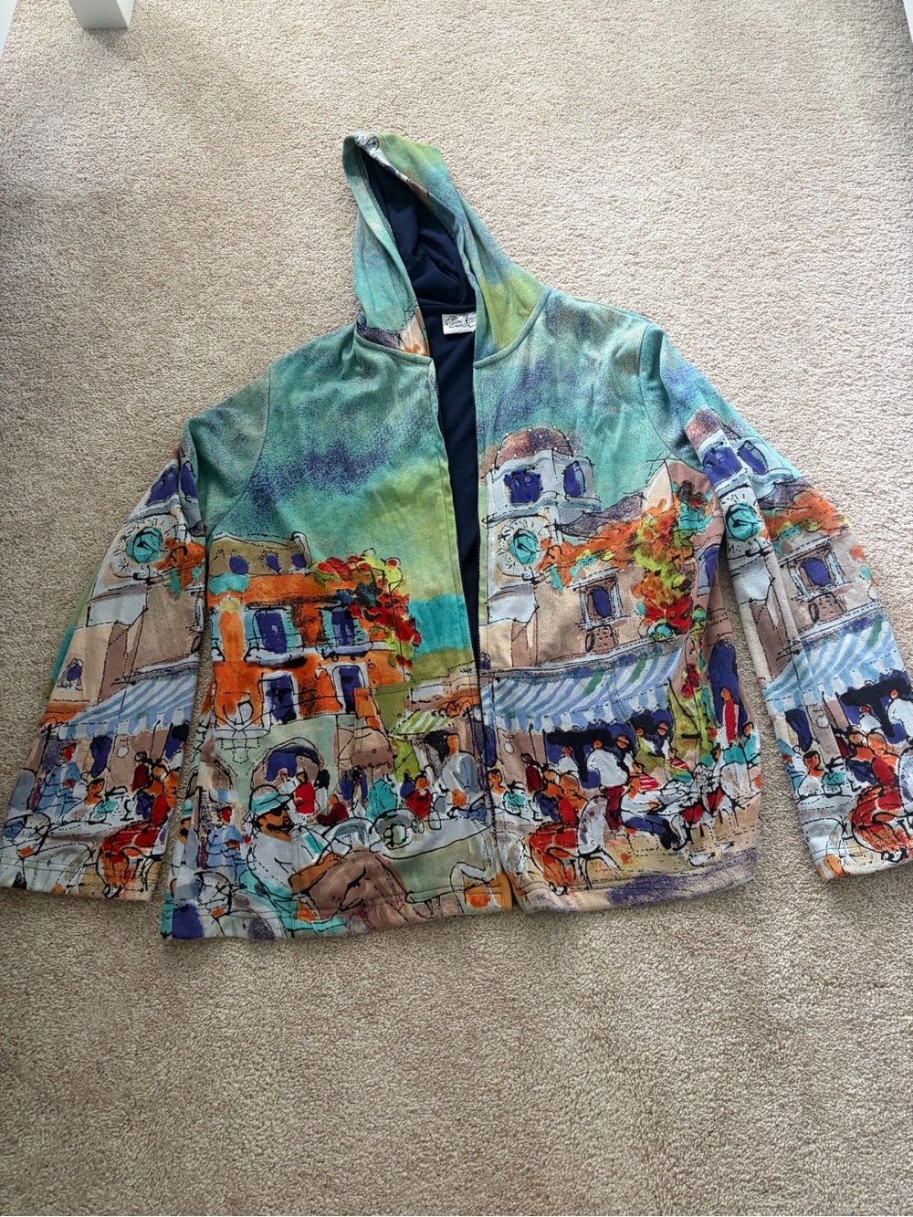 Women's Hooded Illustrated Market Scene Jacket - Multicolor